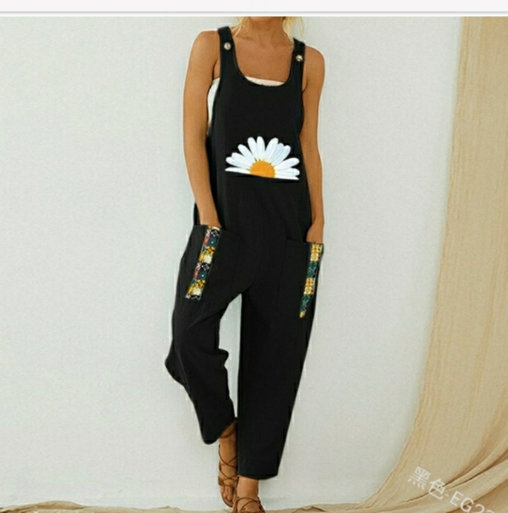 Black Cotton Linen Sunflower Coveralls.